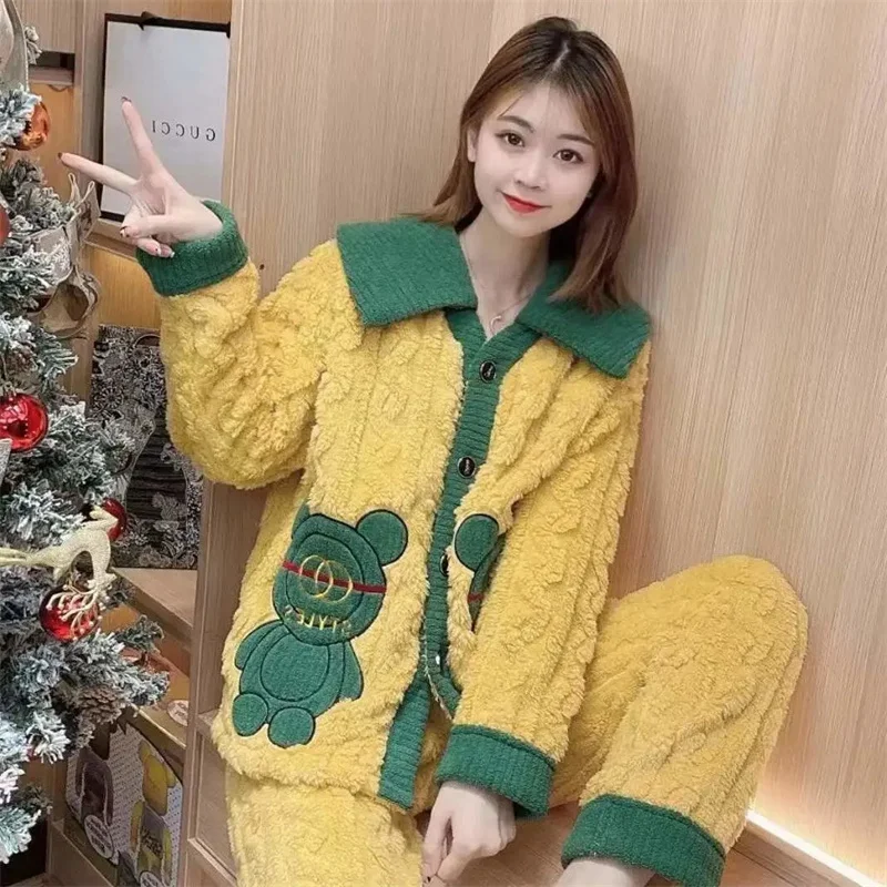 Small Fragrance Pajamas Women's Winter Coral Velvet Sweet And Cute Thickening plus Velvet Flannel Ladies Pajamas Home Service Su