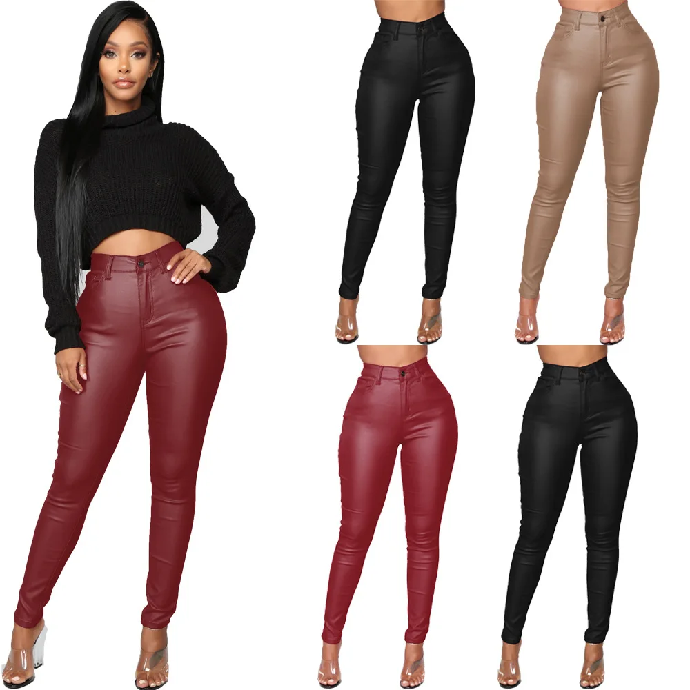 

European and American Women's Clothing Autumn and Winter Fashion Solid Color Faux Leather Button High Waist Tights Pencil Pants