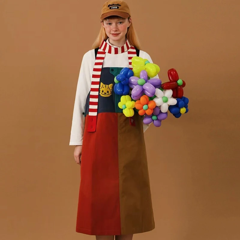 

Spring Summer Original Harajuku Women's Suspenders Dress Color Block Patch Niche Cartoon Pattern Embroidery Sleeveless Sundress