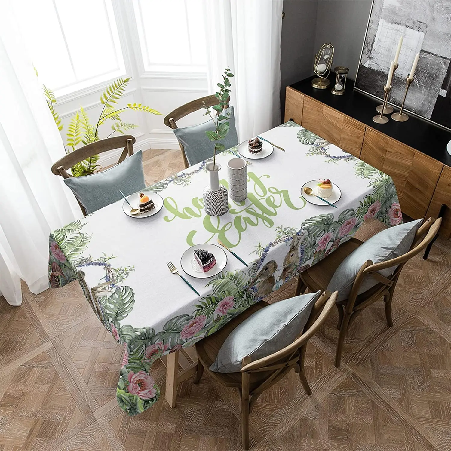

Easter Rectangle Bunny Tablecloth Waterproof Easter Eggs Table Cloth Floral Flowers Dining Table Cover for Spring Tabletop Decor