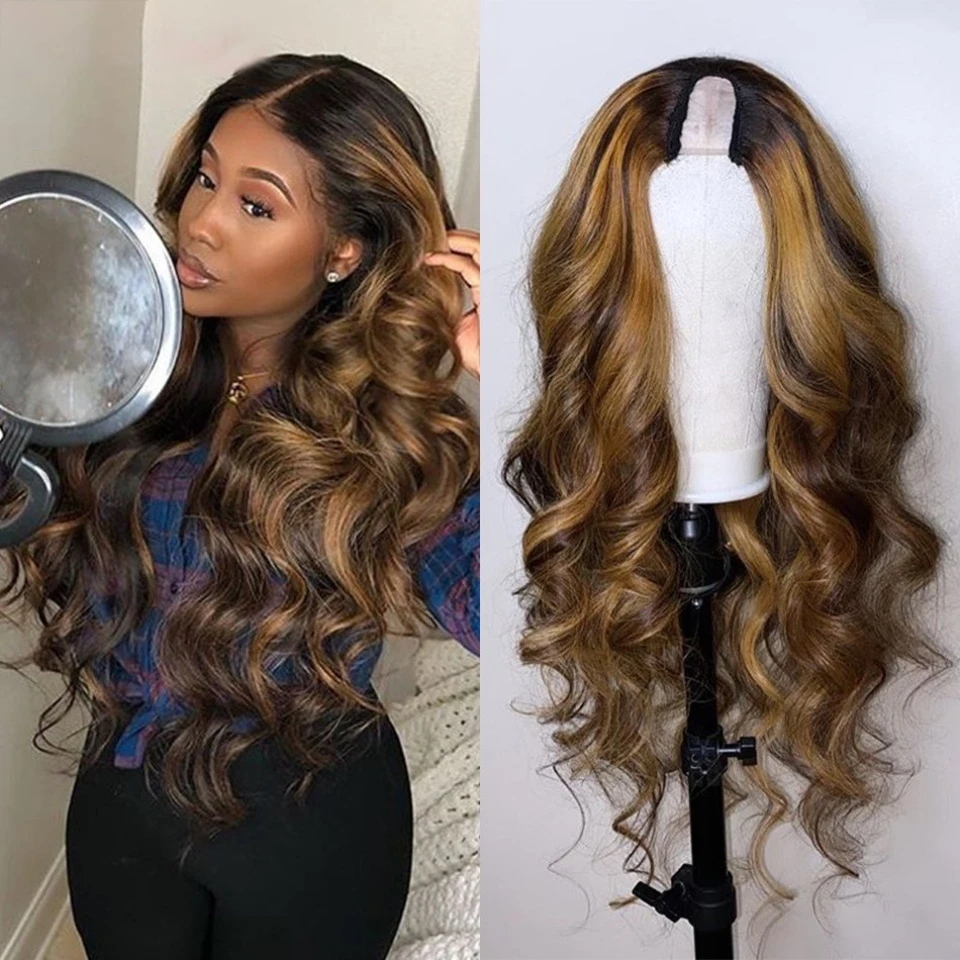 

Soft Highlight Ombre Blonde 24 inch Long Body Wavy U Part Wig European Remy Human Hair Wigs Jewish Glueless Wig For Black Women