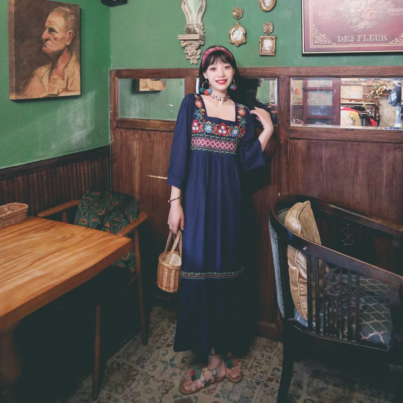 

2022 Summer New Retro National Style High Waist Embroidered Cotton Waist Belt Bohemian Resort Dress Square Collar