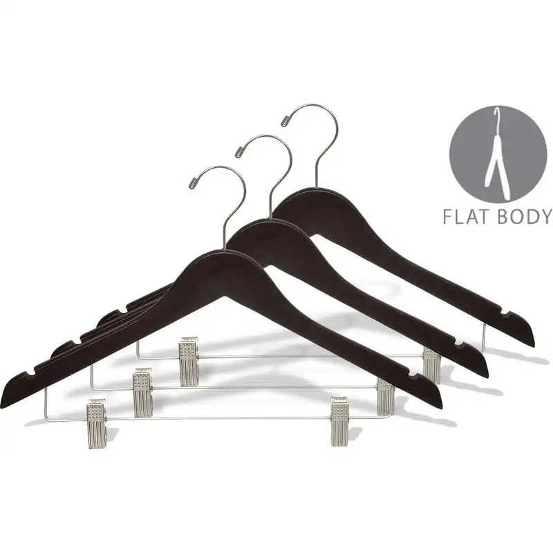 

Wood Combo Hanger w/ Cushion Clips, Box of 50, 17 Inch Flat Wooden Hangers w/ Espresso & Brushed Chrome Hardware & Notches for