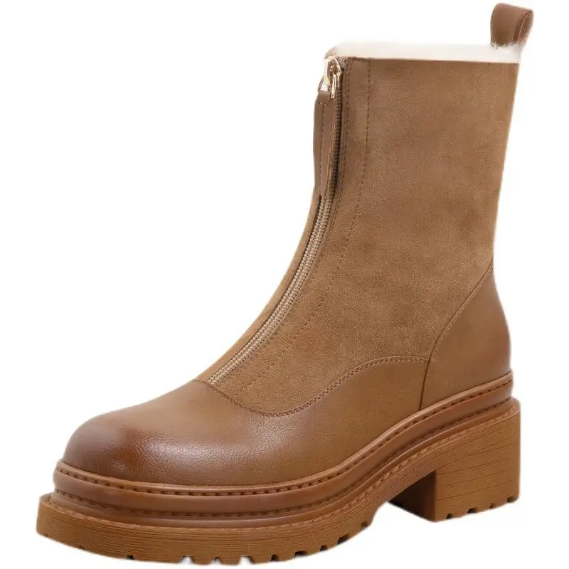 2023 Women Snow Boots ,Fashion Front Zip Plush Winter Shoe Short Botas Thick Sole Round Toe Back Zip Black Brown Dropship New