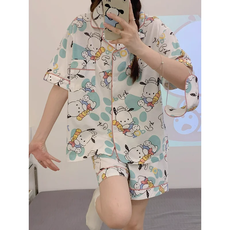 

Kuromi Sanrio Anime Women's Pajamas Pochacco Summer Cotton Short-sleeved Thin Section Cartoon Cute Home Service Set Kawaii Gift