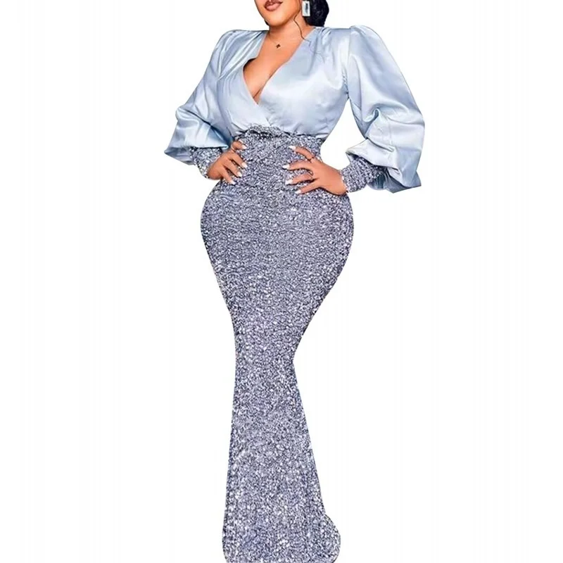 

Платье-макси с рукавами-фонариками и V-образным вырезом