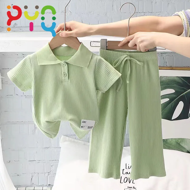 

PYQ Baby Girls Sets Summer 2023 New Fashion Elastic Pit Strip Polo Short Sleeve+Pants 2pce Outfits Children's Clothing 2-8 Years