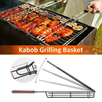 49cm kabob grilling basket stainless steel grill basket with wooden handle non stick barbeque grill mesh party camping bbq tool