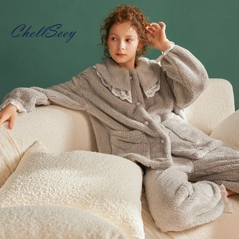 

Winter Pajamas Women's 2-Piece Suit Coral Velvet Plus Velvet Thickening Warm Sweet And Lovely Lace Casual Flannel Home Clothes