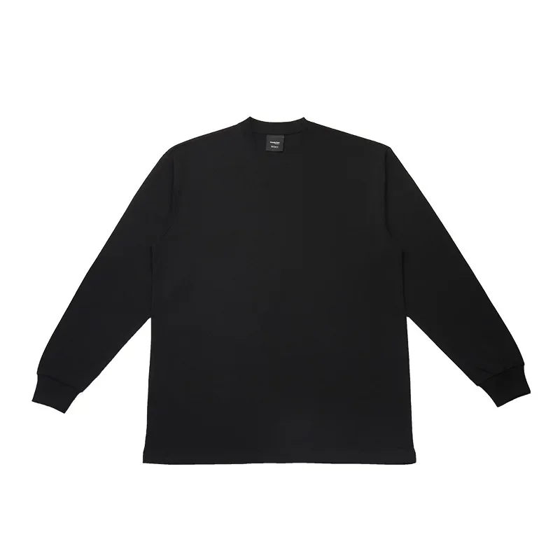 American Pure Cotton Solid Color Mens T-shirt Trend Loose Neckline with Double Gauze Material Base Long Sleeves Men Clothing