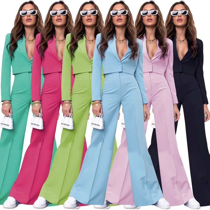 

2023 Fashion Office Lady Pants Suit V Neck Long Sleeves Short Jacket One Button Wide Leg Elegant Two Pieces Set Casual Outfits