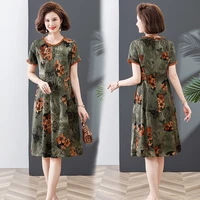 middle aged and elderly womens printing dress 2022 summer new medium long loose