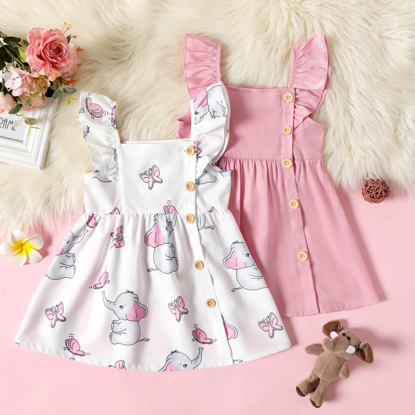 

PatPat Toddler Girl Button Design Elephant Print/Pink Ruffled Sleeveless Dress