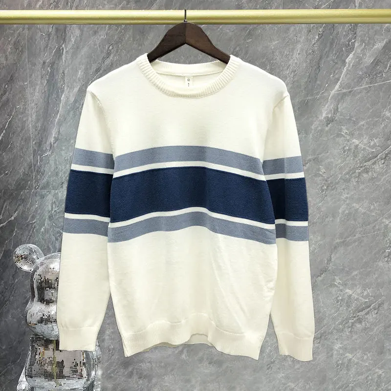 

2023 Fall Contrasting Stripes Men Long Sleeve Slim Knitted Pullover Sweater Social Dress Shirt Streetwear Clothing Erkek Kazak