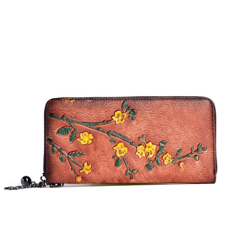 Personalized Long Purse New Styles Vegetable Tanned Leather Long Ladies Purse Retro Embossed Clutch Wallet Long