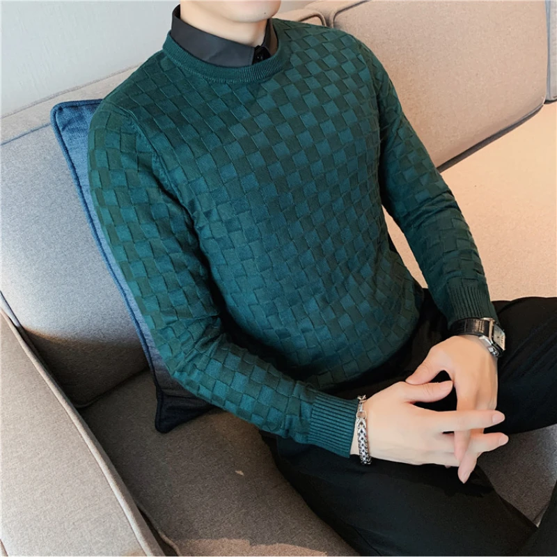 Fake 2 Piece Shirt Collar Knitting Sweaters Male Slim Fit High Quality Casual Pullover/Men Long Sleeves Plaid Sweater Pullovers