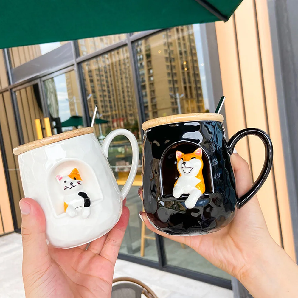 

Cartoon Cat Panda Embossed Color Glaze Mugs Ceramic Cups with Lid Water Cup Mug Coffee Ceramic Mugs Friend Birthday Gift Cups