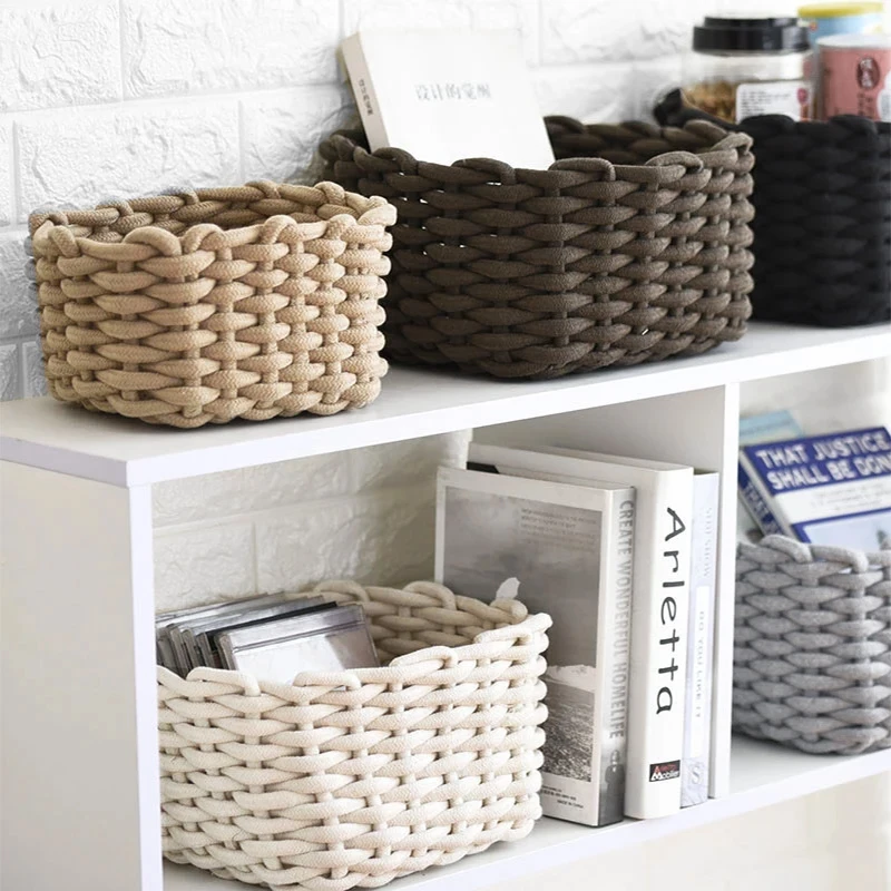 Cotton Rope Woven Storage Basket with Handle Sundries Cosmetic Remote Control Snacks Storage Box Desktop Organizer Container Box