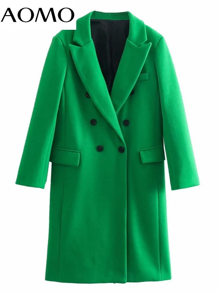 AOMO Women Winter Green Thick Woolen Coats Double Breasted Long Sleeves Pocket Ladies Elegant OverCoat 4M60A