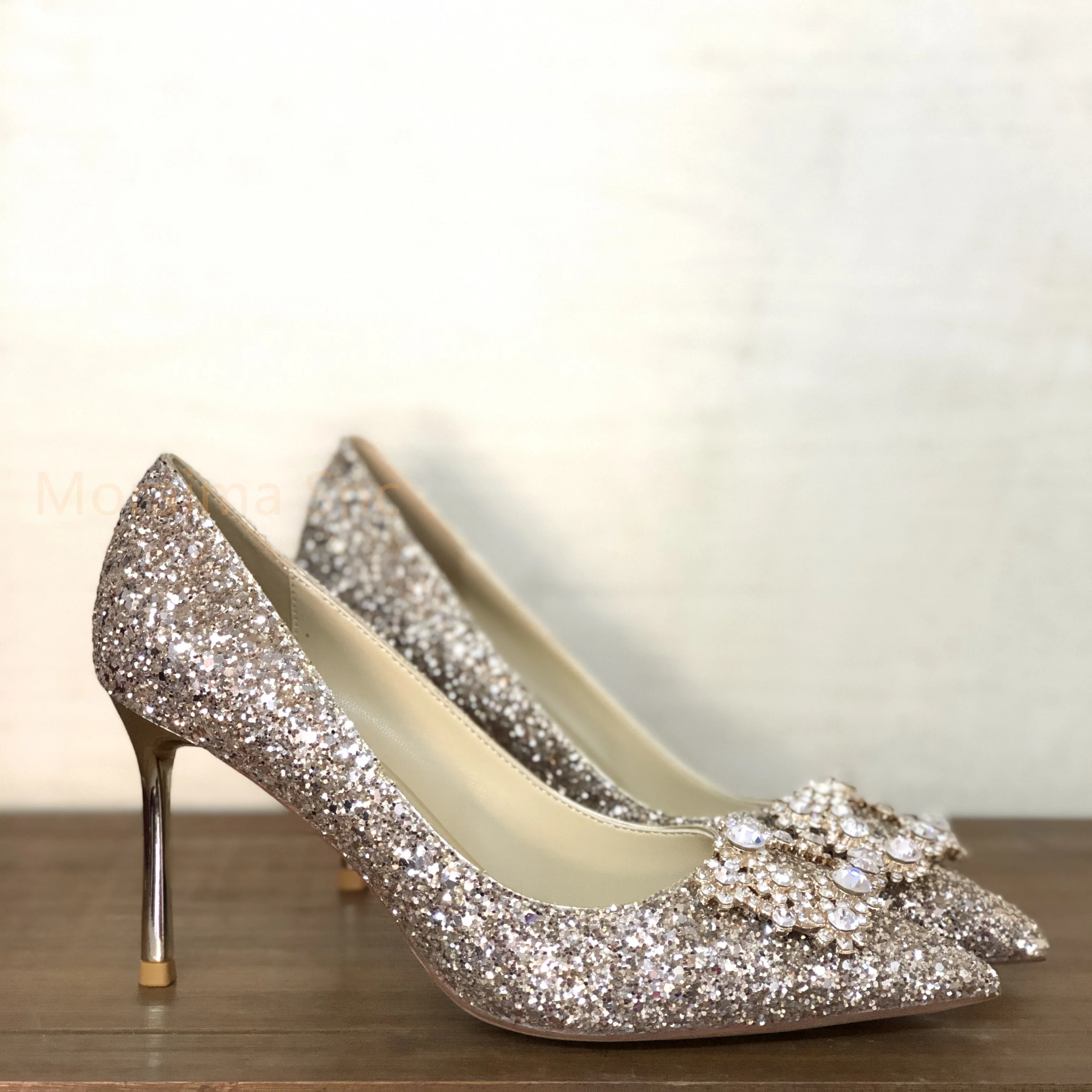 Bling Bling High Heels Wedding Shoes for Women Bride Silver Gold Stiletto Pointed Toe Slip-On Party Banquet Shoes Ladies Pumps