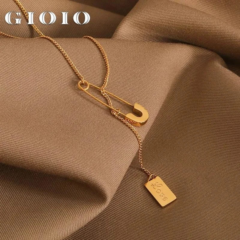 

Design Sense Gold Pin Shape Pendant Stainless Steel Necklace Korean Fashion Jewelry Party Girl's Unusual Clavicle Chain For Woma