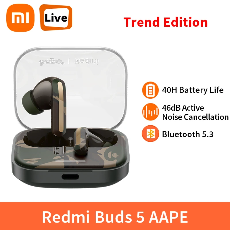 

Xiaomi Redmi Buds 5 AAPE Trend Edition Bluetooth TWS Earphone 46dB Noise Cancelling 40H Battery Life AI Call Anti Wind Noise