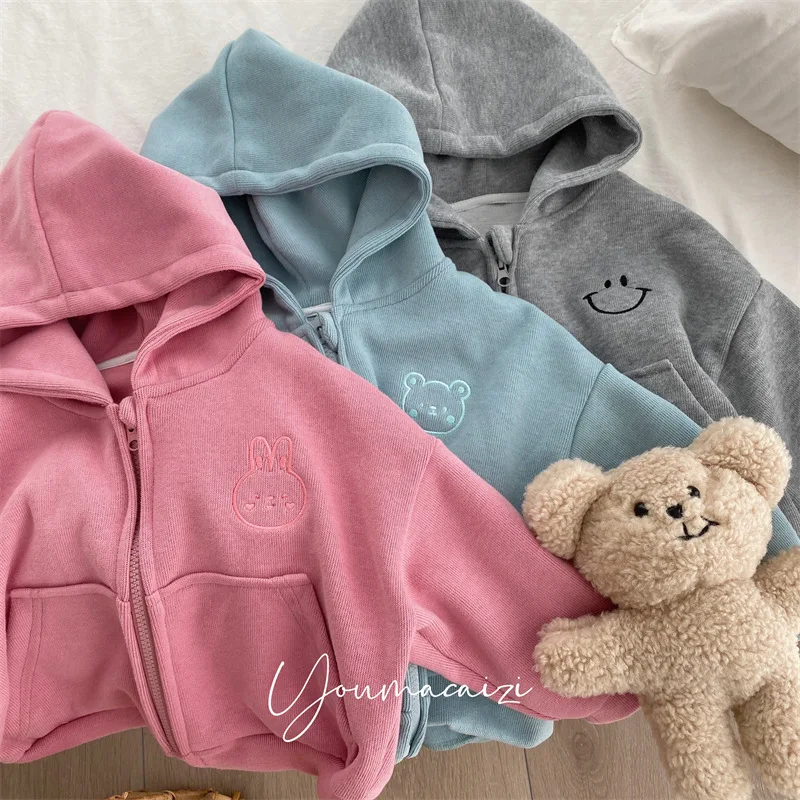 

2022 Autumn Winter New Children's Thick Cardigan Coat Girls Cute Cartoon Embroidered Hooded Jacket