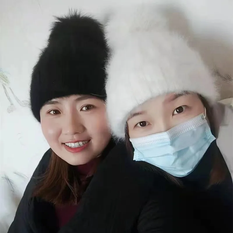 Шапка женская с помпоном из лисьего меха Зимняя шерстяная шапка модная