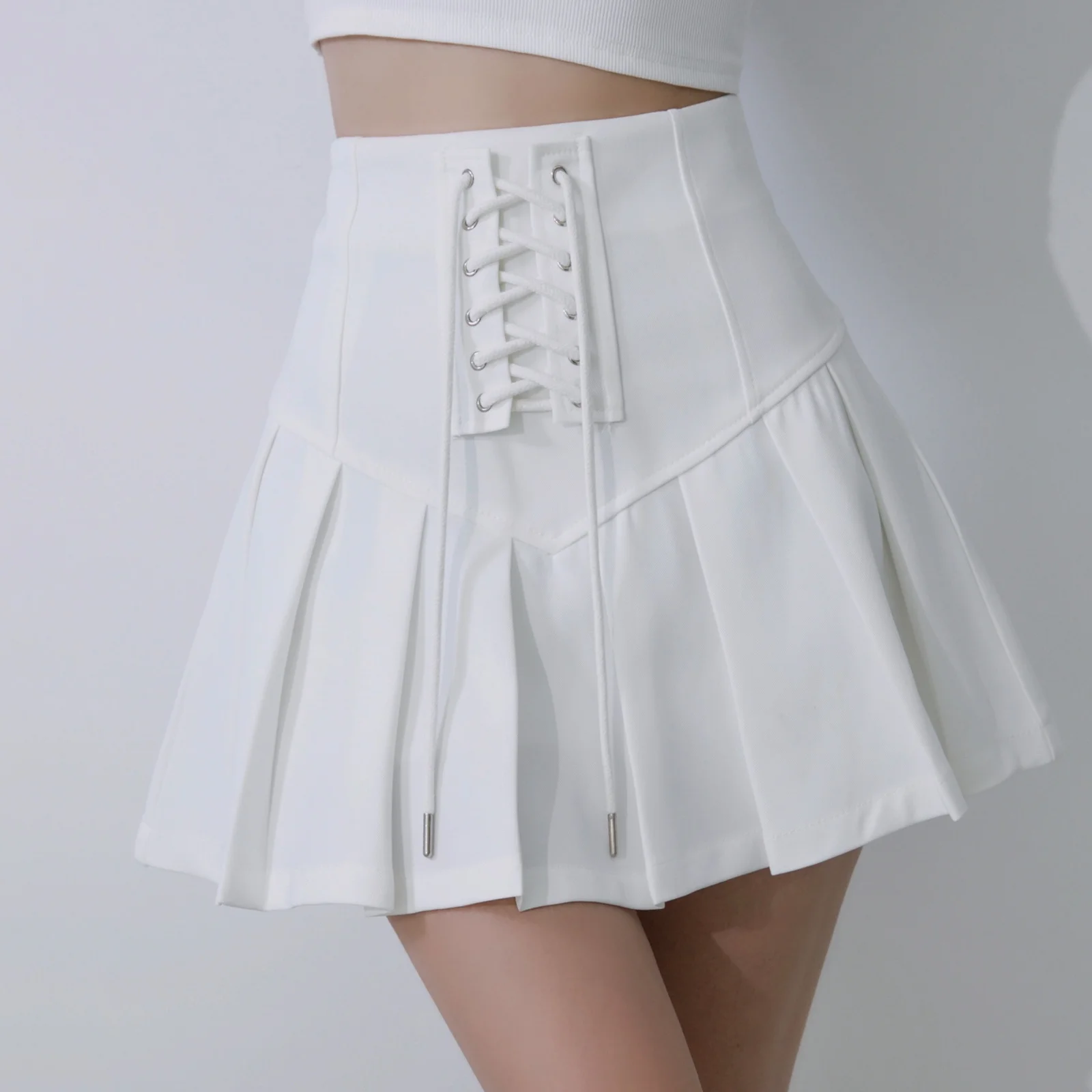 

TVVOVVIN, американская Милая Однотонная юбка с высокой талией и ремешком, тонкая юбка с противоскользящим покрытием, милые шорты Y41Y