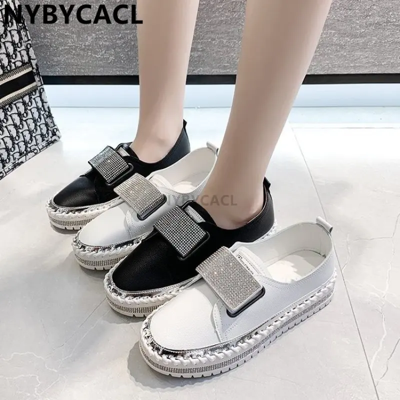 Crystals Hook & Loop Women Flats Bling Diamonds Women Sewing Ladies Casual Shoes Round Toe Platform Shoes Big Size 43 Fashion