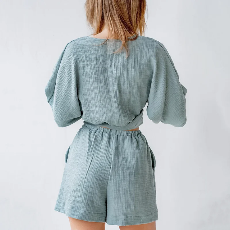 Summer Cotton Women Pajama Short Sleeve Wrap Around Short Shorts Sleepwear 2 Piece Set Double Yarn Fashion Women's Home Clothes