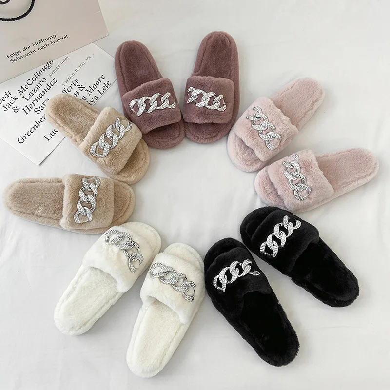 

Winter Plush Slippers Women Fashion Open Toe Solid Color Women's Slides Metal Chain Outdoor Thick Sole Furry Shoes Woman Sandals