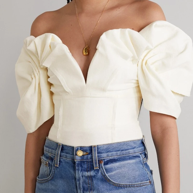 

2023 new Women v-neck shirt tops puff sleeve fashion sexy lady blouse
