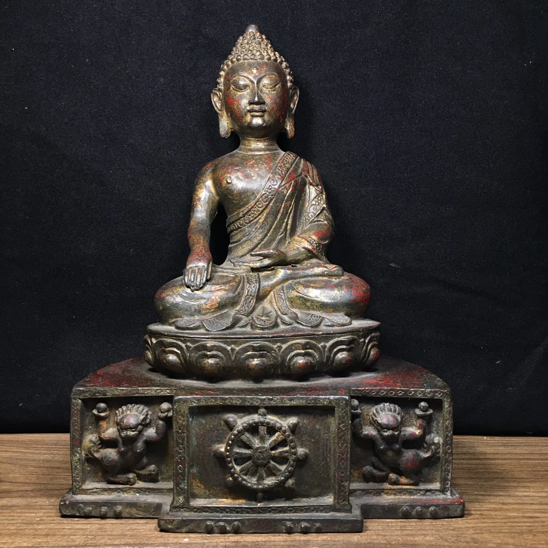 

11"Tibet Temple Collection Old Bronze Cinnabar Mud gold Northern Wei Buddha Shakyamuni Buddha Platform Worship Hall Town house