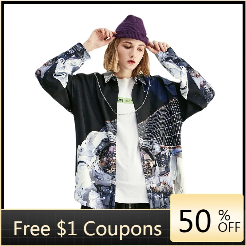 Men's Wear Autumn New Brand Astronauts Print Loose Men's Wild Long Sleeve Shirt Mens Fashion Clothing Trends Long Sleeve Shirts