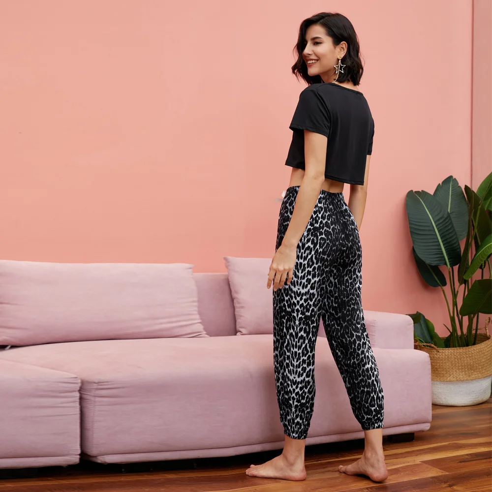 Women's Summer Sets Pajamas Fashion Homewear Shorts Sleeve Solid Short Top Leopard Print Lace-up Shrink Trousers Women Pajama