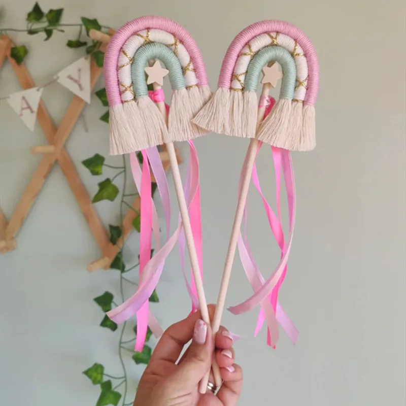

1PC New Kids Rainbow Birthday Party Fairy Stick Handwoven Wool Cake Insert Baby Shower Photographic Props