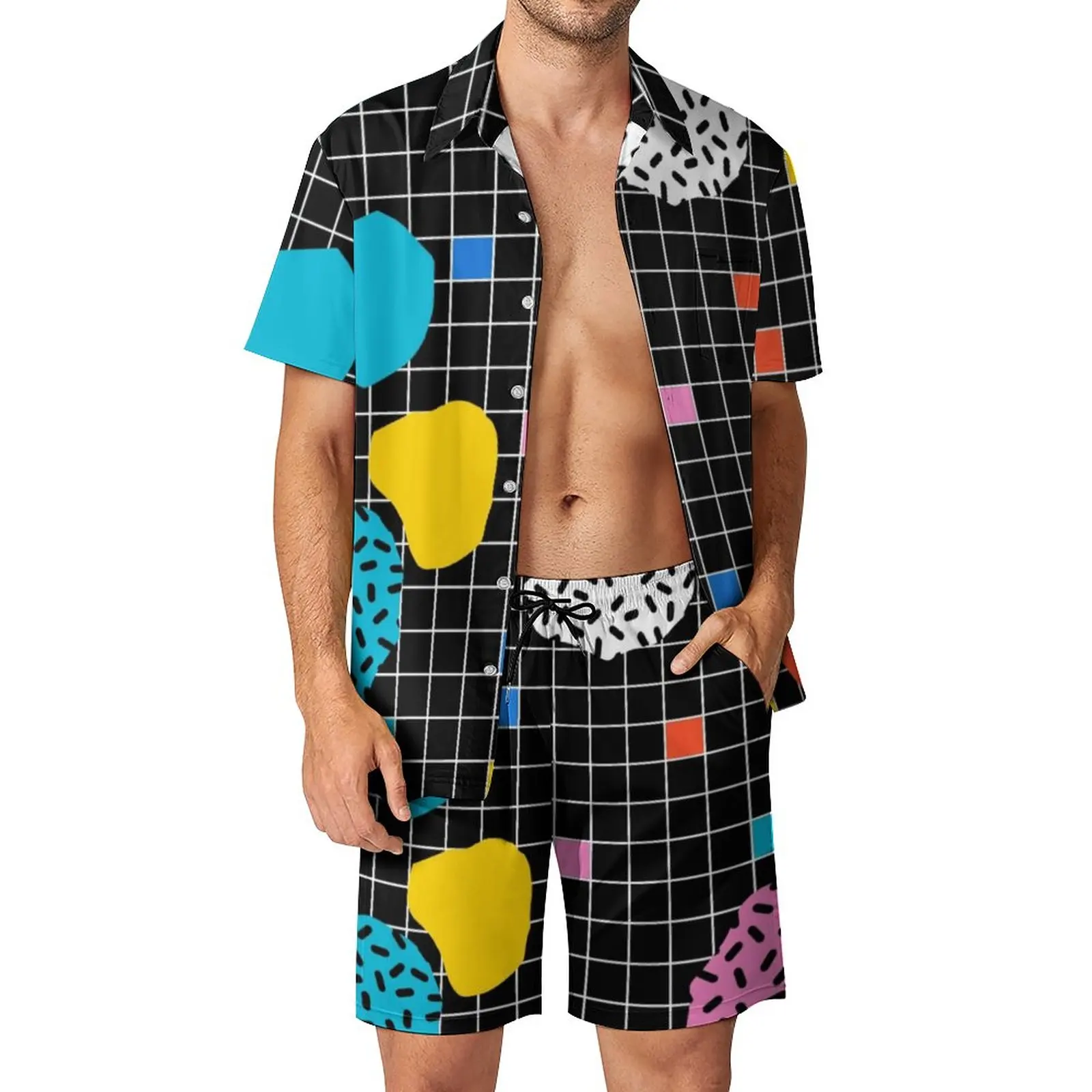 

Memphis Men Sets Grid Minimal 80s Vibes Casual Shirt Set Aesthetic Beach Shorts Summer Design Suit Two-piece Clothes Plus Size