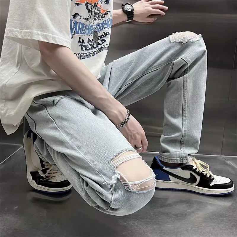 Vintage Streetwear Korean Fashion Ripped Baggy Pants Blue Hip Hop Wide Leg Jeans for Men Denim Trousers
