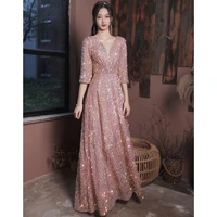 pink sequin evening dresses for engagement elegant v neck a line floor length sparkly long women formal gowns with sleeves