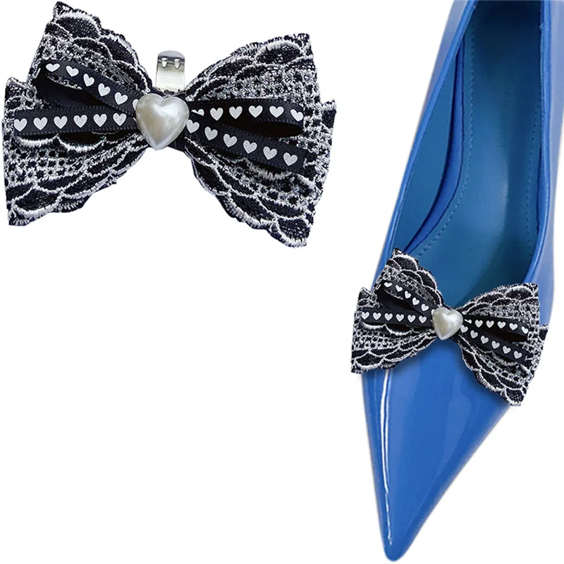 

Classic Bow Shoe Clips Black Lace Shoe Embellishment Detachable Women High Heel Shoe Decoration for Ladies Bag Accessories 2 Pcs