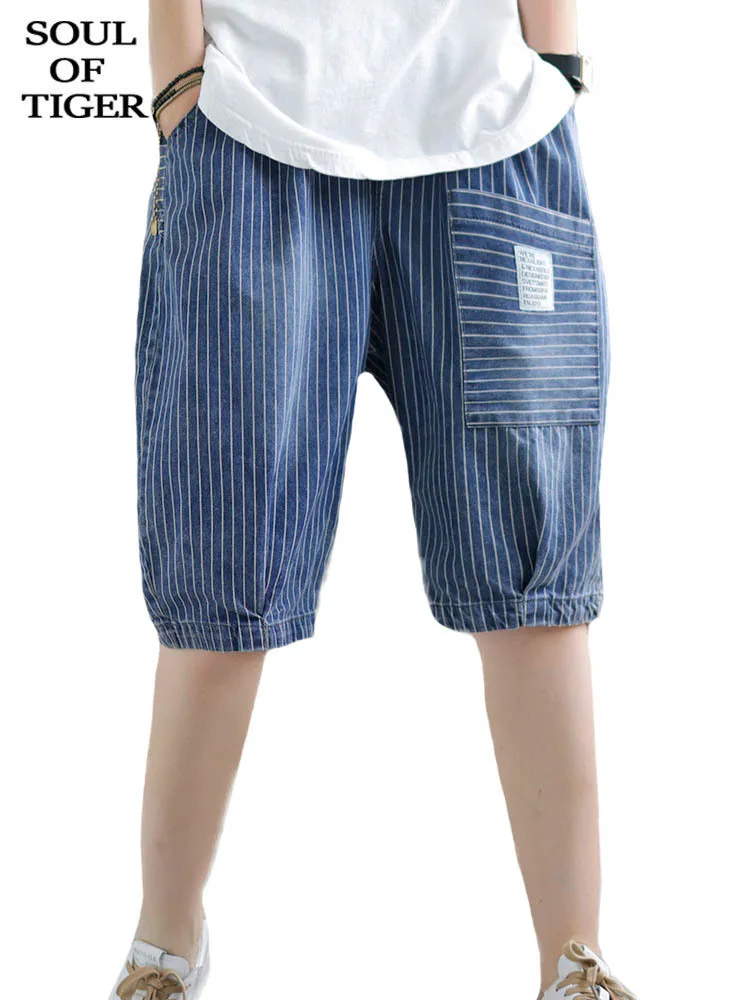 

Женские джинсовые шорты SOUL OF TIGER, синие свободные шаровары в полоску, винтажные джинсовые шорты в стиле панк, лето 2022
