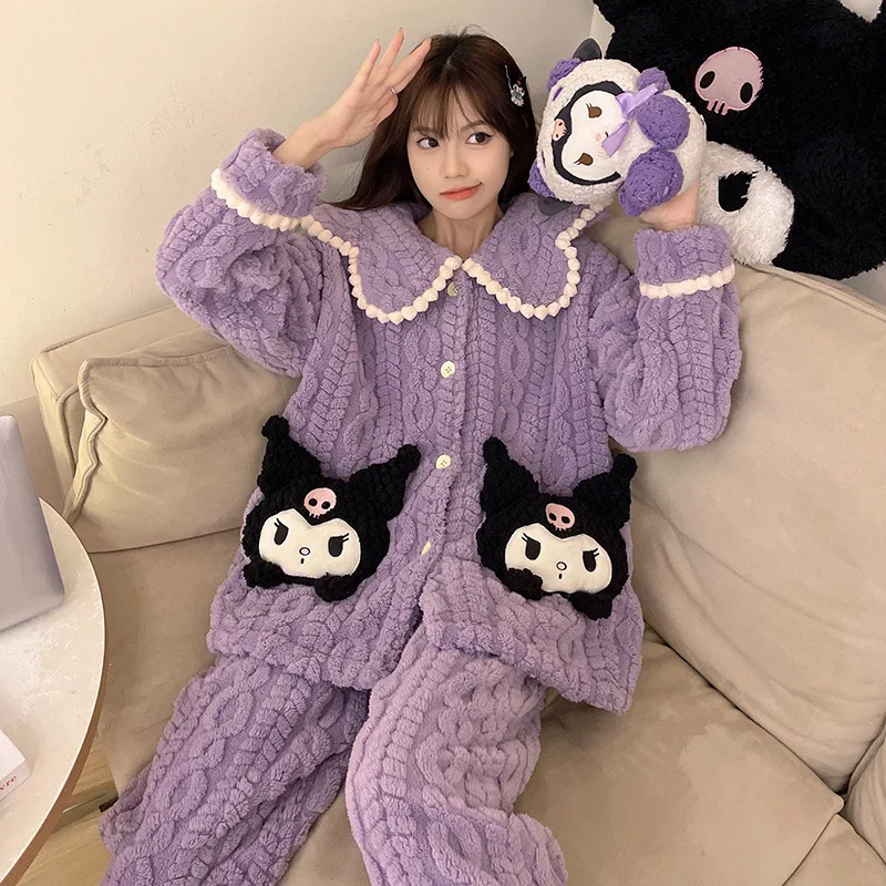 

Sanrio Kuromi Cinnamoroll Pachacco Coral Fleece Pajamas New Female Winter Long-sleeved Flannel Thickened Warm Homewear Suit