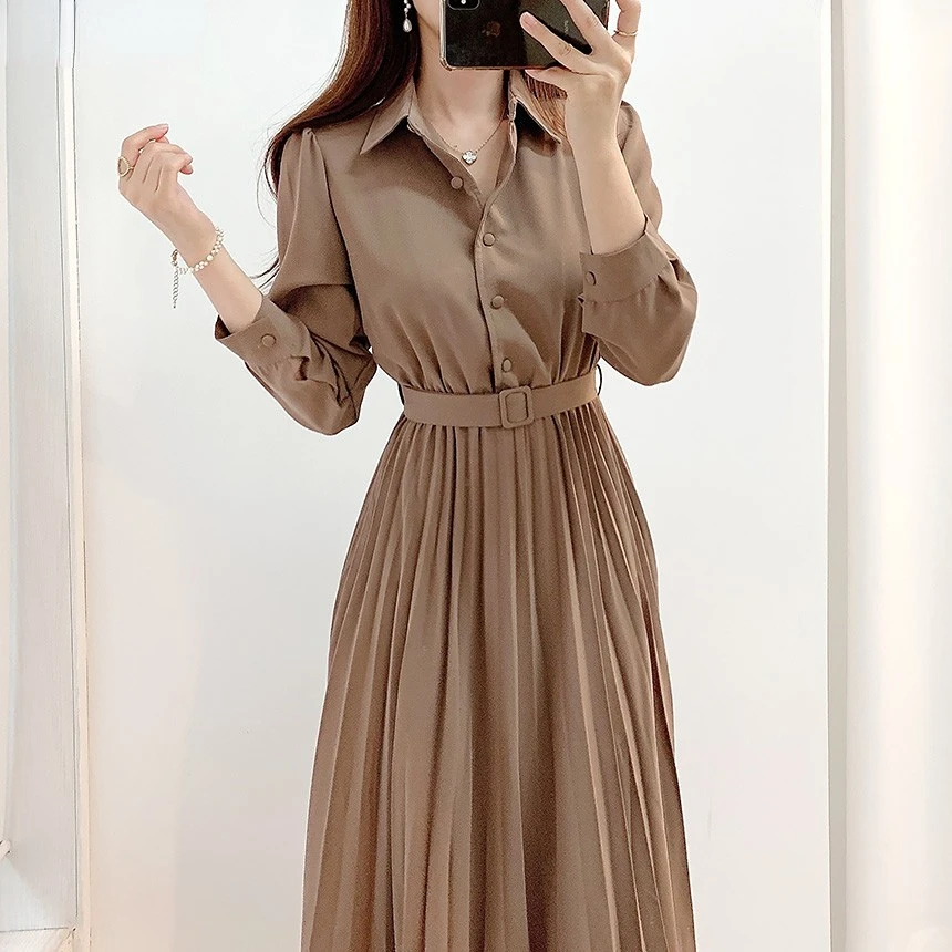 

New Design Japan Style Women Chic Korea Basic Wear Casual Robe Solid Cotton Blend Vintage Long Maxi Shirt Dress Belt Vestidos