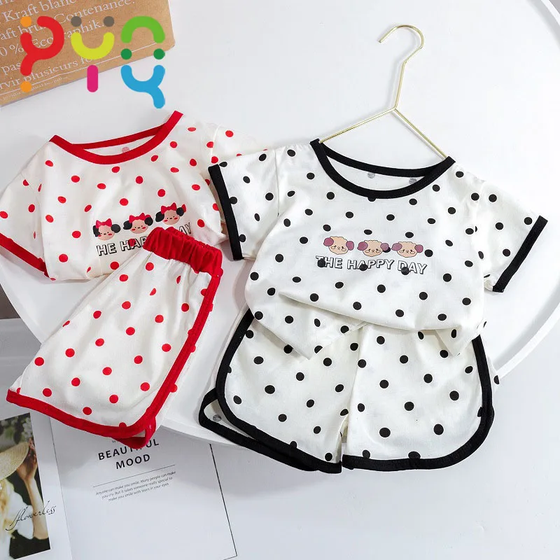 

PYQ Girls Casual Sets 2023New Summer Polka Dot Children's Clothing For Girls Cartoon Print T-shirt+Shorts 2pce Outfits 1-6Years