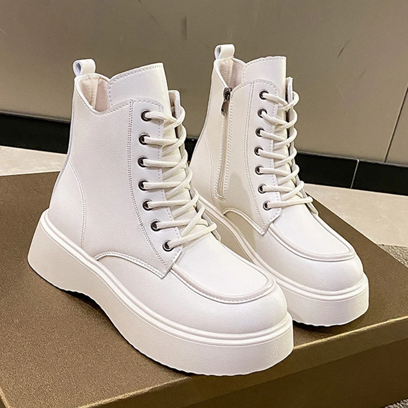 

Women's White Ankle Boots 2022 Ladies Chunky Winter Boot Female Shoes Black Platform Combat Boots Fur Plush Designer Punk Gothic