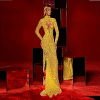 yellow sequined evening dress long sleeves formal prom mermaid saudi arab celebrity custom made vestidos robes de soir%c3%a9e