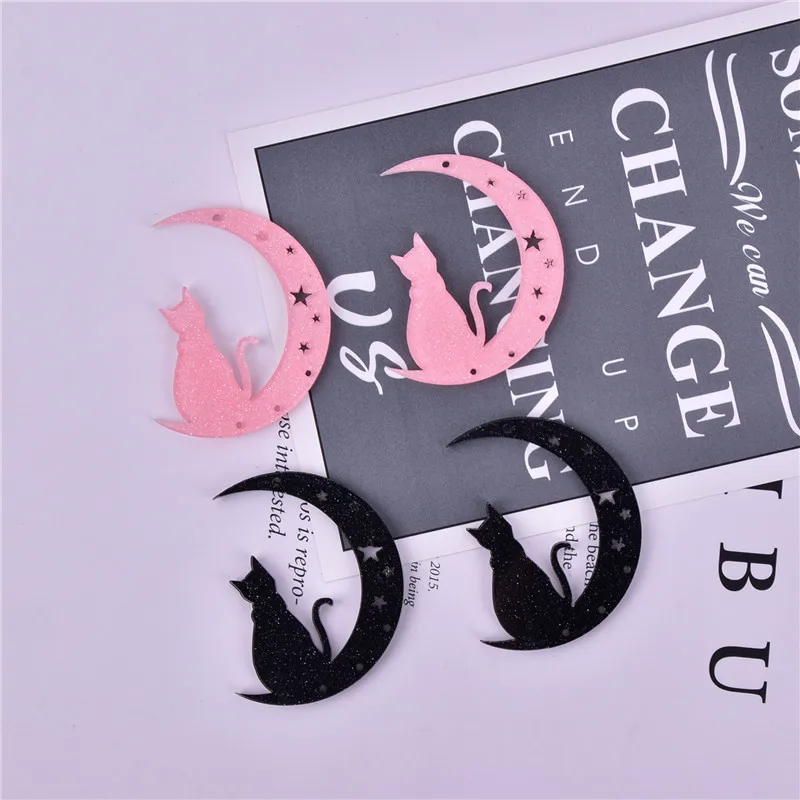 

10pcs/pack Glitter Sexy Pink Black Moon Cat Arcylic Charms for Dangel Earring DIY Jewelry Making Bulk Wholesale 48*36mm