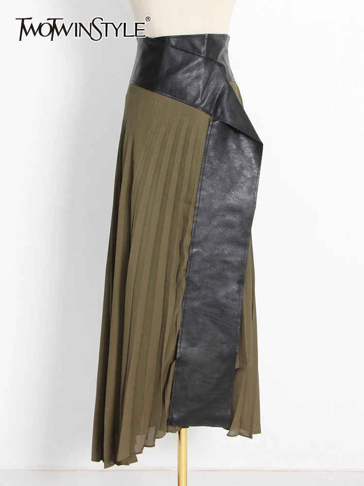 

TWOTWINSTYLE Patchwork PU Leather Skirt For Women High Waist Loose Colorblock Midi Skirts Female Summer Clothes Fashion New 2022