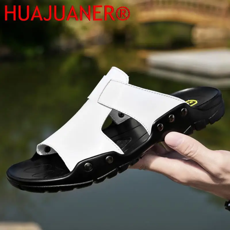 

Genuine Leather Slippers Men Outdoor Non-slip Summer Shoes Home Fashion Casual Shoes Cool Soft Beach Pantuflas Plus Size 37-49